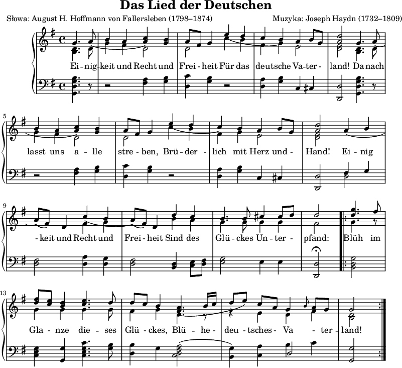 
\version "2.20.0"

\header {
   title = "Das Lied der Deutschen"
   poet = "Słowa: August H. Hoffmann von Fallersleben (1798–1874)"
   composer = "Muzyka: Joseph Haydn (1732–1809)"
   tagline = ""
}

melodia = \new PianoStaff 
<<
   \new Staff = "RH" \with { midiInstrument = "viola" } {

   \clef treble
   \key g \major
   \time 4/4
   \autoBeamOff

% tu prawa ręka
   <<
   \new Voice = "hi" \relative g' { \stemUp    
      \partial 2 { g4. a8( } |
      b4 a <a c>) <g b> |
      a8[ fis] g4 e'4( d |
      c b) a b8[ g] |
      <a d>2 g4. a8( |

      b4 a <a c>) <g b> |
      a8[ fis] g4 e'4( d |
      c) b a b8[ g] |
      <a d>2 a4( b |

      a8)([ fis)] d4 c'( b |
      a8)([ fis)] d4 d' c |
      b4. b8 cis4 cis8[ d] |
      d2 |

   \repeat volta 2 {
         \partial 2 { <d g>4. fis8 } |
%         <c e>4 <b d> <c e>4. d8 |
         <d fis>8[ <c e>] <b d>4 <c e>4. d8 |
%         <d fis>8[ <d fis>] <b d>[ <b d>] <c e>4. d8 |
         d8[ c] b4 <fis a>4.( b16[ c] |
         d8[ e]) c[ a] g4 \grace {b8} a[ g] |
         g2 |
     } % of volta
   } % of hi voice 

   \new Voice = "lo" { \relative c' { \stemDown  
      \partial 2 { <b d>4. d8 } |
      g4 fis d2 |
      d2 c'4 b |
      fis g e2 |
      <d fis>2 <b d>4. d8 |

      g4 fis d2 |
      d2 c'4 b |   
      fis g e2 |
      <d fis>2 s2 |

      s2 fis4 g |
      s2 b4 a |
      g4. g8 g4 g |
      fis2 |

   \repeat volta 2 {
         \partial 2 { g4. r8 } |
         g4 g g4. g8 |
         fis4 g d4. r8 |
         r4 e d fis |
         <b, d>2 |
      } % of volta

 }  } %of lo voice
   >>
} % of RH staff

\addlyrics {

Ei -- nig -- keit und Recht und Frei - heit
Für das deu -- tsche Va -- ter - land!
Da -- nach lasst uns a -- lle stre - ben,
Brü -- der -- lich mit Herz und - Hand!
Ei -- nig - keit und Recht und Frei - heit
Sind des Glü -- ckes Un -- ter - pfand:
Blüh im Gla - nze die -- ses Glü - ckes,
Blü -- he -  deu - tsches - Va - ter -- land!

}
   \new Staff = "LH" \with { midiInstrument = "cello" } {
   \clef bass
   \key g \major
   \time 4/4

   \autoBeamOff
   \shiftOff
% tu lewa ręka

   \partial 2 { <g, d g b>4. r8 } |
   r2 <fis a>4 <g b> |
   <d c'> <g b> r2 |
   <d a>4 <g b> c cis |
   <d, d>2 <g, d g b>4. r8 |

   r2 <fis a>4 <g b> |
   <d c'> <g b> r2 |
   <d a>4 <g b> c cis |
   <d, d>2 << { \stemDown d2 } \\ { \stemUp fis4 g } >> \stemNeutral |

   <d fis>2 <d a>4 <d g> |
   <d fis>2 <b, d>4 <c e>8[ <d fis>] |
   <e g>2 e4 e |
   <d, d>2 \fermata 

   \repeat volta 2 {
      \partial 2 { <b,d g>2 } |
      <c e g>4 <g, g> <c e g c'>4. <g b>8 |
      <d b>4 g <c d fis a>2( |
      <b, g>4) <c a> << { d2 } \\ { b4 c' } >> |
      <g, g>2 |
   } % of volta

} % of LH staff

>>

\score {
   \melodia
   \layout{}
}
\score {
   \unfoldRepeats
   \melodia
   \midi{ \tempo 4 = 100 }
}
