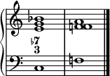 
\new PianoStaff <<
  \new Staff = "right"
  \relative c' {
    \override Staff.TimeSignature #'stencil = ##f
    <e g bes>1
    <f! f a>
  }
  \new Staff = "left"
  \figuremode {
    <7- 3>1s
    \bar "|."
  }
  \context Staff = "left"
  \relative c {
    \clef bass
    \override Staff.TimeSignature #'stencil = ##f
    c1 f!
  }
>>
