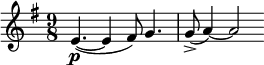  \relative f' { \key e \minor \time 9/8 e4.~\p( e4 fis8) g4. | g8->( a4~) a2) }