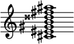 {
  % Rivin lopun pystyviiva ja tahtiosoitus piiloon.
  \override Score.BarLine.break-visibility = ##(#f #t #t)
  \override Staff.TimeSignature #'stencil = ##f
  
  <cis' eis' gis' b' disis'' fis'' ais''>1
}
