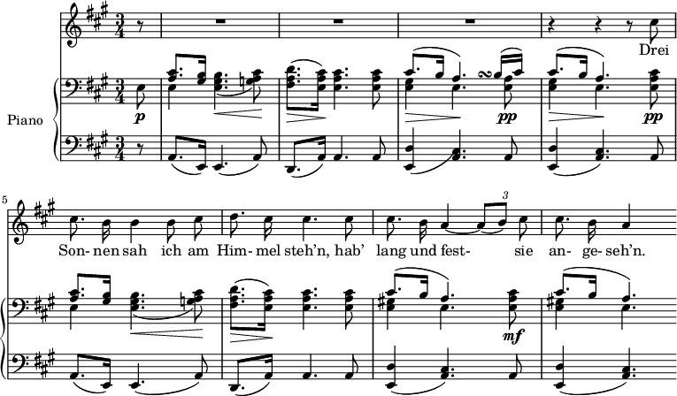 
\version "2.14.2"
\header {
  tagline = ##f
}
%%%% Schubert, Winterreise no. 23 Die Nebensonnen / début
intromd = { << { < cis' a >8. < b gis >16  } \\ { e,4 < b' gis e >4.\<( < cis a g! >8)\! } >>
                 < d a fis >8.\> ( < cis a e >16)\! < cis a e >4. < cis a e >8 }
intromg = { a8.( e16) e4.( a8) | d,8.( a'16) a4. a8 }

%%%%%% VOIX %%%%%
melody = \relative c'' {
  \clef treble
  \key a \major
  \time 3/4
  \tempo 4 = 60
  \override TupletBracket #'bracket-visibility = ##f

    r8 | R2.*3 | r4 r4 r8 cis8 | cis8. b16 b4 b8 cis | d8. cis16 cis4. cis8 |
    cis8. b16 a4~ {\times 2/3 { a8[( b)] cis }} | cis8. b16 a4 s8 |
}

text = \lyricmode {
  Drei Son- nen sah ich am Him- mel steh’n, hab’ lang und fest-__ sie an- ge- seh’n.
}

%%%%%% PIANO %%%%%
upper = \relative c' {
  \clef bass
  \key a \major
  \time 3/4

    e,8\p | \intromd | | << { cis8.( b16 a4.*2/3) s4*1/3\turn b16[( cis)]  } \\ { < gis e >4\> e4.\! < a e >8\pp } >>
    << { cis8.\> ( b16 a4.)\! } \\ { < gis e >4 e4. < cis' a e >8\pp } >> | \relative c
   \intromd | |  << { cis8.( b16 a4.) } \\ { < gis! e >4 e4. < cis' a e >8\mf } >>
    << { cis8.( b16 a4.) } \\ { < gis! e >4 e4. } >>

}

lower = \relative c {
  \clef bass
  \key a \major
  \time 3/4

  \partial 8 r8 | \intromg | | < d e, >4( < cis) a >4.) a8 | < d e, >4^\>( < cis a >4.) a8 | 
  \intromg | | < d e, >4^\>( < cis a >4.) a8 | < d e, >4( < cis a >4.) |
}

\score {
  <<
    \new Voice = "mel" { \autoBeamOff \melody }
    \new Lyrics \lyricsto mel \text
    \new PianoStaff <<
    \set PianoStaff.instrumentName = #"Piano"
      \new Staff = "upper" \upper
      \new Staff = "lower" \lower
    >>
  >>
  \layout {
    \context { \Staff \RemoveEmptyStaves }
     \context { \Score \remove "Metronome_mark_engraver" }
  }
  \midi { }
}
