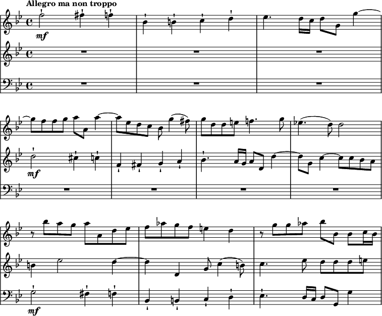 
{
  \language "italiano"
  \new StaffGroup <<
    \omit StaffGroup.SystemStartBracket
    \omit Score.BarNumber
    \new Staff {
      \set Staff.midiInstrument = #"violin"
      \accidentalStyle neo-modern
      \tempo "Allegro ma non troppo" 4 = 130
      \set Score.tempoHideNote = ##t
      \relative do'' {
        \clef "treble" \key sol \minor \time 4/4
        fa2-! \mf fad4-! fa-! |
        sib,-! si-! do-! re-! |
        mib4. re16 do re8 sol, sol'4 ~|
        \break % suite page suivante

        sol8 fa fa sol la la, la'4~ |
        la8 mib re do sib sol'4( fad8)	 |
        sol re re mi fa4. sol8 |
        mib4.( re8) re2 |
        \break
        r8 sib' la sol la la, re mib |
        fa lab sol fa mi4 re |
        r8 sol sol lab sib sib, sib do16 sib
      }
    } \new Staff {
      \set Staff.midiInstrument = #"violin"
      \override Stem.neutral-direction = #up
      \relative do'' {
        \clef "treble" \key sol \minor \time 4/4
        R1 | R1 | R1 | % suite page suivante
        
        re2-! \mf dod4-! do-! |
        fa,-! fad-! sol-! la-! |
        sib4.-! la16 sol la8 re, re'4~ |
        re8 sol, do4~ do8 do sib la |
        si4 mib2 re4~ |
        re re, sol8 do4( si8) |
        do4. mib8 re re re mi |
      }
    } \new Staff {
      \set Staff.midiInstrument = #"cello"
      \relative do {
        \clef "bass" \key sol \minor \time 4/4
        R1 | R1 | R1 | % suite page suivante
        
        R1 | R1 | R1 | R1 |
        sol'2-! \mf fad4-! fa-! |
        sib,-! si-! do-! re-! |
        \override Stem.default-direction = #up
        mib4.-! re16 do re8 sol,
        \override Stem.default-direction = #down
        sol'4 |
      }
    }
  >>
}
