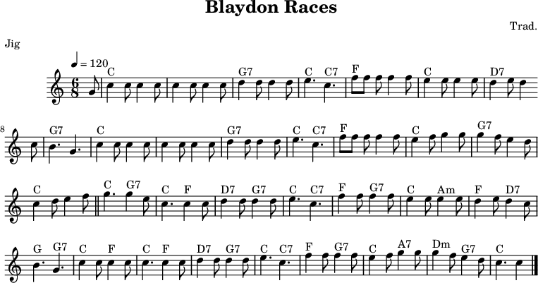 
X:44
T:Blaydon Races
R:Jig
C:Trad.
O:England
Z:Paul Hardy's Session Tunebook 2017 (see www.paulhardy.net). Creative Commons cc by-nc-sa licenced.
M:6/8
L:1/8
Q:3/8=120
K:Cmaj
G|"C"c2c c2c|c2c c2c|"G7"d2d d2d|"C"e3 "C7"c3|"F"fff f2f|"C"e2e e2e|"D7"d2e d2c|"G7"B3 G3|
"C"c2c c2c|c2c c2c|"G7"d2d d2d|"C"e3 "C7"c3|"F"fff f2f|"C"e2f g2g|"G7"g2f e2d|"C"c2d e2f||
"C"g3 "G7"g2e|"C"c3 "F"c2c|"D7"d2d "G7"d2d|"C"e3 "C7"c3|"F"f2f "G7"f2f|"C"e2e "Am"e2e|"F"d2e "D7"d2c|"G"B3 "G7"G3|
"C"c2c "F"c2c|"C"c3 "F"c2c|"D7"d2d "G7"d2d|"C"e3 "C7"c3|"F"f2f "G7"f2f|"C"e2f "A7"g2g|"Dm"g2f "G7"e2d|"C"c3 c2|]
