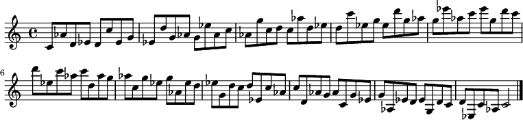 
{

\modalTranspose c c' { c d ees g aes } { c8 aes d ees } 
\modalTranspose c d' { c d ees g aes } { c aes d ees } 
\modalTranspose c ees' { c d ees g aes } { c aes d ees } 
\modalTranspose c g' { c d ees g aes } { c aes d ees } 
\modalTranspose c aes' { c d ees g aes } { c aes d ees } 
\modalTranspose c c'' { c d ees g aes } { c aes d ees } 
\modalTranspose c d'' { c d ees g aes } { c aes d ees } 
\modalTranspose c ees'' { c d ees g aes } { c aes d ees } 
\modalTranspose c g'' { c d ees g aes } { c aes d ees } 

\modalInversion c ees''' { c d ees g aes } { c aes d ees } 
\modalInversion c d''' { c d ees g aes } { c aes d ees } 
\modalInversion c c''' { c d ees g aes } { c aes d ees } 
\modalInversion c aes'' { c d ees g aes } { c aes d ees } 
\modalInversion c g'' { c d ees g aes } { c aes d ees } 
\modalInversion c ees'' { c d ees g aes } { c aes d ees } 
\modalInversion c d'' { c d ees g aes } { c aes d ees } 
\modalInversion c c'' { c d ees g aes } { c aes d ees } 
\modalInversion c aes' { c d ees g aes } { c aes d ees } 
\modalInversion c g' { c d ees g aes } { c aes d ees } 
\modalInversion c ees' { c d ees g aes } { c aes d ees } 
\modalInversion c d' { c d ees g aes } { c aes d ees } 

c'2

\bar "|."
}
