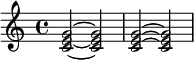 
\relative c' {
  <c e g>2~ <c e g>
  \override TieColumn.tie-configuration =
    #'((0.0 . 1) (-2.0 . 1) (-4.0 . 1))
  <c e g>2~ <c e g>
}
