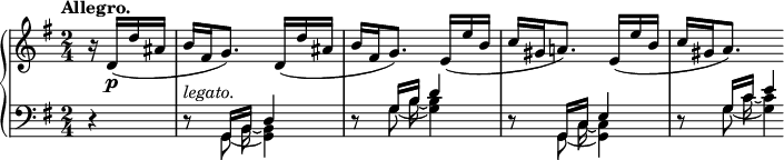 
 \relative c' {
  \new PianoStaff <<
   \new Staff { \key g \major \time 2/4 \tempo "Allegro." \partial 4
    r16 d( d' ais b[ fis g8.]) d16( d' ais b[ fis g8.])
    e16( e' b c[ gis a!8.]) e16( e' b c[ gis a8.])
   }
   \new Dynamics {
    s16 s\p s8 s4_\markup \italic legato.
   }
   \new Staff { \key g \major \time 2/4 \partial 4 \clef bass
    <<
     {
      d,,4\rest d8\rest g,16 b d4 d8\rest g16 b d4
      d,8\rest g,16 c e4 d8\rest g16 c e4*1/4
     }
    \\
     {
      \set tieWaitForNote = ##t
      \autoBeamOff
      s4 s8 g,,8*1/2~ b16~ <b g>4 s8 g'8*1/2~ b16~ <b g>4
      s8 g,8*1/2~ c16~ <c g>4 s8 g'8*1/2~ c16~ <c g>4*1/4
     }
    >>
   }
  >>
 }
