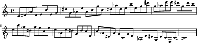 
{

\modalTranspose c c' { c dis e g aes } { c8 dis aes } 
\modalTranspose c dis' { c dis e g aes } { c dis aes } 
\modalTranspose c e' { c dis e g aes } { c dis aes } 
\modalTranspose c g' { c dis e g aes } { c dis aes } 
\modalTranspose c aes' { c dis e g aes } { c dis aes } 
\modalTranspose c c'' { c dis e g aes } { c dis aes } 
\modalTranspose c dis'' { c dis e g aes } { c dis aes } 
\modalTranspose c e'' { c dis e g aes } { c dis aes } 
\modalTranspose c g'' { c dis e g aes } { c dis aes } 

\modalInversion c e''' { c dis e g aes } { c dis aes } 
\modalInversion c dis''' { c dis e g aes } { c dis aes } 
\modalInversion c c''' { c dis e g aes } { c dis aes } 
\modalInversion c aes'' { c dis e g aes } { c dis aes } 
\modalInversion c g'' { c dis e g aes } { c dis aes } 
\modalInversion c e'' { c dis e g aes } { c dis aes } 
\modalInversion c dis'' { c dis e g aes } { c dis aes } 
\modalInversion c c'' { c dis e g aes } { c dis aes } 
\modalInversion c aes' { c dis e g aes } { c dis aes } 
\modalInversion c g' { c dis e g aes } { c dis aes } 
\modalInversion c e' { c dis e g aes } { c dis aes } 
\modalInversion c dis' { c dis e g aes } { c dis aes } 

c'8~ c'1

\bar "|."
}
