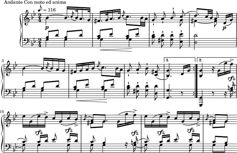 
\version "2.18.2"
\header {
  tagline = ##f
}
upper = \relative c'' {
  \clef treble 
  \key g \minor
  \time 2/4
  \tempo 8 = 116
  %\autoBeamOff

   %%Montgeroult — Étude 44 (pdf p. 132)
   \repeat volta 2 {
   bes4~\p bes16. \acciaccatura c8 bes32 a16. g32 fis16. g32 a16. bes32 \acciaccatura d8 c8. bes32 a \autoBeamOff g8-! a-! 
   << { \autoBeamOff bes-! \autoBeamOn c8( d8.) c32 bes a8  } \\ { s8 g8 fis4~ fis8 } >> 
   \autoBeamOn d16\p( g)
   
   bes4~ bes16 \acciaccatura c8 bes16 a g fis g a bes \acciaccatura d8 c8. bes32 a \autoBeamOff g8-! a-! bes-!
   < fis c >8(
   }
   \alternative {
   { < g bes, >4.) \autoBeamOn d16 g }
   { < g bes, >4) r16 g16( g' f)-> }

   }
    ees16 g,( ees' d->) c g( c bes->) 
   << { \acciaccatura bes8 a8[ g8.] } \\ { fis8[ g8.] } >>
   g16( g' f)->
    ees16 g,( ees' d->) c g( c bes->)
   << { \acciaccatura bes8 a g8 } \\ { fis8 g8 } >>
}

lower = \relative c {
  \clef bass
  \key g \minor
  \time 2/4

   \repeat volta 2 {
   << { \repeat unfold 2 { bes'8 d } \repeat unfold 2 { < c a >8 ees } } \\ { g,4 g g\< g\! } >>
   \autoBeamOff < d' bes >8-! < d fis, >-! < d g, >8-! 
   < ees ees, >8-!
   < d d, >2 
   \autoBeamOn
   << { \repeat unfold 2 { bes8 d } \repeat unfold 2 { < c a >8 ees } } \\ { g,4 g g\< g\! } >>
   \autoBeamOff < d' bes >8-! < d fis, >-! < d g, >8-! < d d, >8 
   }
   \alternative {
   { < g, g, >4. r8 }
   { < g, g, >4 r8 r16 << { b'16~^\rfz( } \\ { g16~ } >>}
   }

   << { c8) c16[^\rfz d] ees8 ees16[^\rfz d] c8 bes4 r16 } \\ { g8 g4 g8 g g4 } >>
   << { b16~^\rfz( } \\ { g16~ } >>
   << { c8) c16[^\rfz d] ees8 ees16[^\rfz d] c8 bes8 } \\ { g8 g4 g8 g8 g } >>
 
}

  \header {
    piece = "Andante Con moto ed anima"
  }

\score {
  \new PianoStaff <<
    \new Staff = "upper" \upper
    \new Staff = "lower" \lower
  >>
  \layout {
    \context {
      \Score
      
    }
  }
  \midi { }
}
