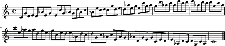 
{

\modalTranspose c c' { c d e g aes } { c8 g d e } 
\modalTranspose c d' { c d e g aes } { c g d e } 
\modalTranspose c e' { c d e g aes } { c g d e } 
\modalTranspose c g' { c d e g aes } { c g d e } 
\modalTranspose c aes' { c d e g aes } { c g d e } 
\modalTranspose c c'' { c d e g aes } { c g d e } 
\modalTranspose c d'' { c d e g aes } { c g d e } 
\modalTranspose c e'' { c d e g aes } { c g d e } 
\modalTranspose c g'' { c d e g aes } { c g d e } 
\modalTranspose c aes'' { c d e g aes } { c g d e } 

\modalInversion c e''' { c d e g aes } { c g d e } 
\modalInversion c d''' { c d e g aes } { c g d e } 
\modalInversion c c''' { c d e g aes } { c g d e } 
\modalInversion c aes'' { c d e g aes } { c g d e } 
\modalInversion c g'' { c d e g aes } { c g d e } 
\modalInversion c e'' { c d e g aes } { c g d e } 
\modalInversion c d'' { c d e g aes } { c g d e } 
\modalInversion c c'' { c d e g aes } { c g d e } 
\modalInversion c aes' { c d e g aes } { c g d e } 
\modalInversion c g' { c d e g aes } { c g d e } 
\modalInversion c e' { c d e g aes } { c g d e } 
\modalInversion c d' { c d e g aes } { c g d e } 

c'1

\bar "|."
}
