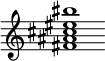 {
  % Rivin lopun pystyviiva ja tahtiosoitus piiloon.
  \override Score.BarLine.break-visibility = ##(#f #t #t)
  \override Staff.TimeSignature #'stencil = ##f
  
  <fis' ais' cis'' eis'' bis''>1
}
