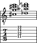  
<<
  %\override Score.BarLine.break-visibility = ##(#f #t #t)
  \time 2/1
    \new Staff  {
    \clef "treble_8"
        \once \override Staff.TimeSignature #'stencil = ##f
        <  cis' g' cis'' e''>1 | <  des' aeses' des'' fes''>1 |
    }

     \new TabStaff {
       \override Stem #'transparent = ##t
       \override Beam #'transparent = ##t 
      s2 <  cis'\4 g'\3 cis''\2 e''\1>1 s2
  }
>>
