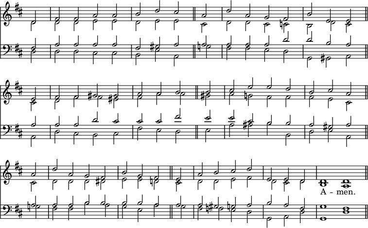 << \override Score.TimeSignature #'stencil = ##f \override Score.BarNumber #'break-visibility = #'#(#f #f #f) \new Staff { \key d \major \time 4/2 \partial 2 << \new Voice = "Sop" \relative d' { \stemUp d2 | fis fis a a | b d cis \bar "||"
  a | d a g fis | b e, e \bar "||" \break
  e | fis fis gis gis | a a b \bar "||"
  b | cis e e d b cis a \bar "||" \break
  a | d a g fis | b g fis \bar "||"
  e | a b cis d | e, e d \bar "|" \cadenzaOn d1 d \bar "||" }
\new Voice \relative d' { \stemDown d2 | d d e e | d e e
  cis d d cis c | b d cis
  cis | d fis fis eis | fis a a gis | a g! fis fis | fis e cis
  cis | d d d dis | e e d! cis | d d e fis | d cis d \cadenzaOn b1 a } >> }
\new Lyrics \lyricsto "Sop" { _ _ _ _ _ _ _ _ _ _ _ _ _ _ _ _ _ _ _ _ _ _ _ _ _ _ _ _ _ _ _ _ _ _ _ _ _ _ _ _ _ _ _ _ _ _ _ _ A -- men. }
\new Staff << \clef bass \key d \major \new Voice \relative f { \stemUp fis2 | a a a a | fis gis a a | a a a d | d b a
  a | a a d cis | cis cis fis e | e cis b b | a gis a
  a | a a b b | b b a a | a gis g a | b a fis \cadenzaOn g1 fis }
\new Voice \relative d { \stemDown d2 | d d cis cis | b e a,
  g' | fis fis e d | g, gis a
  a | d cis b cis | fis e d e | a ais b b, | d e a,
  g'! | fis fis b a | g e a g | fis f e d | g, a d \cadenzaOn g,1 d' } >>
>>