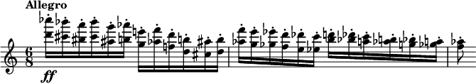 
\new Staff \with {midiInstrument = "flute"} \relative c'' {
  \time 6/8
  \tempo "Allegro"
  <d' ces'>16\staccato\ff <cis bes'>\staccato <bis a'>\staccato 
      <cis bes'>\staccato <ais g'>\staccato <b aes'>\staccato
    <g e'!>\staccato <aes f'>\staccato <f! d'>\staccato
      <d b'!>\staccato <cis ais'>\staccato <d b'>\staccato
  <aes' f'>\staccato <g e'>\staccato <ges ees'>\staccato
      <f d'>\staccato <e des'>\staccato <ees c'>\staccato
    <b' d>\staccato <bes des>\staccato <a c>\staccato
      <aes b>\staccato <g bes>\staccato <ges a>\staccato
  <f aes>8\staccato
}
