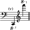 { \override Score.TimeSignature #'stencil = ##f \time 2/4 \tempo \markup { \smaller \medium "(v)" } \ottava #-1 \clef bass c,, \ottava #1 \clef treble f'''' \bar "||" }