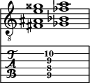  
<<
  %\override Score.BarLine.break-visibility = ##(#f #t #t)
  \time 2/1
    \new Staff  {
    \clef "treble_8"
        \once \override Staff.TimeSignature #'stencil = ##f
        < fis ais e' gisis' >1 | < ges bes fes' a' >1 |
    }

     \new TabStaff {
       \override Stem #'transparent = ##t
       \override Beam #'transparent = ##t 
      s2 < fis\5 ais\4 e'\3 a'\2 >1 s2
  }
>>
