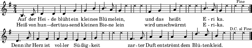 
\header { tagline = ##f }
\paper { paper-width = 240\mm }
\layout { indent = 0 \context { \Score \remove "Bar_number_engraver" } }
global = { \key g \major \numericTimeSignature \time 2/4 }
heidetenor = \relative c'' { b,4. c8 | d4 d | d g | g b | b4. a8 | g4 s | s2 |
             fis4 g | a s | s2 | b4. a8 | g4 s | s2 }
tenorVoice = \relative c'' {
  \global \set midiInstrument = #"brass section" \voiceOne
  \repeat volta 2 { \heidetenor \bar ":|." }
  d,4. g8 | fis4 fis | fis fis | e fis | g s | s2 |
  fis4. g8 | a4 a | a a | d4. c8 | b4 s | s2 \bar "|."
}
verse = \lyricmode {
  Auf der Hei -- de blüht ein klei -- nes Blü -- me -- lein,
  und das heißt E -- ri ka.
  Denn ihr Herz ist vol -- ler Sü -- ßig -- keit
  zar -- ter Duft ent -- strömt dem Blü -- ten -- kleid.
}
verseR = \lyricmode {
  Heiß von hun --dert -- tau -- send klei -- nen Bie -- ne lein
  wird um -- schwärmt E -- ri -- ka.
}
heideshots = { s2*5 |s4 \override NoteHead #'style = #'cross e4 | e e |
               s2 | s4 e | e e | s2 | s4 e | e }
shots = \relative c'' { \global \set midiInstrument = #"gunshot" \voiceTwo
        \repeat volta 2 { \heideshots \mark \markup \small "Fine" e \bar ":|." }
        s2*4 | s4 e | e e | s2*4 | s4 e |e \mark \markup \small "D.C. al Fine"  e \bar "|." }
\score {
  <<
    \new Voice = "singer" { \tenorVoice }
    \addlyrics { \verse }
    \addlyrics { \verseR }
    \\ \new Voice = "shots" { \shots }
  >>
  \layout { }
}
\score { \unfoldRepeats
         { << \tenorVoice \\ \shots >> << \heidetenor \\ \heideshots >> }
  \midi {
    \tempo 4=120
    \context { \Score midiChannelMapping = #'instrument }
    \context { \Staff \remove "Staff_performer" }
    \context { \Voice \consists "Staff_performer" }
  }
}
