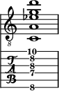  
<<
  %\override Score.BarLine.break-visibility = ##(#f #t #t)
  \time 1/1
    \new Staff  {
    \clef "treble_8"
        \once \override Staff.TimeSignature #'stencil = ##f
        <c  a ees' g' d''>1
    }

     \new TabStaff {
       \override Stem #'transparent = ##t
       \override Beam #'transparent = ##t 
      <c\6  a\4 dis'\3 g'\2 d''\1>1
  }
>>
