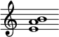 {
  % Rivin lopun pystyviiva ja tahtiosoitus piiloon.
  \override Score.BarLine.break-visibility = ##(#f #t #t)
  \override Staff.TimeSignature #'stencil = ##f
  
  <e' a' b'>1
}
