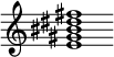 {
  % Rivin lopun pystyviiva ja tahtiosoitus piiloon.
  \override Score.BarLine.break-visibility = ##(#f #t #t)
  \override Staff.TimeSignature #'stencil = ##f
  
  <e' gis' bis' dis'' fis''>1
}
