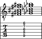  
<<
  %\override Score.BarLine.break-visibility = ##(#f #t #t)
  \time 2/1
    \new Staff  {
    \clef "treble_8"
        \once \override Staff.TimeSignature #'stencil = ##f
        < fis ais cis' fis' ais'>1 | < ges bes des' ges' bes'>1 |
    }

     \new TabStaff {
       \override Stem #'transparent = ##t
       \override Beam #'transparent = ##t 
      s2 < fis\5 ais\4 cis'\3 fis'\2 ais'\1>1 s2
  }
>>
