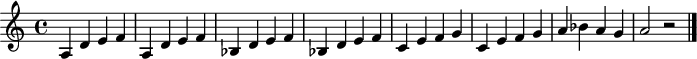 
X:1
L:1/4
K:C
A,DEF|A,DEF|_B,DEF|_B,DEF|CEFG|CEFG|A_BAG|A2z2|]
