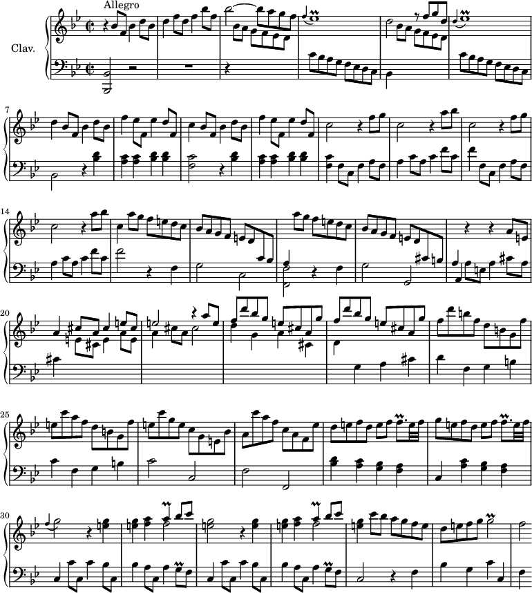 
\version "2.18.2"
\header {
  tagline = ##f
  % composer = "Domenico Scarlatti"
  % opus = "K. 272"
  % meter = "Allegro"
}

%% les petites notes
trillA         = { \tag #'print { a4\prall } \tag #'midi { bes16 a bes a } }
trillFqp       = { \tag #'print { f8.\prall } \tag #'midi { \times 2/3 { f16 g f~ } f16 } }
appoFEesp      = { \tag #'print { \appoggiatura f4 ees1\prall } \tag #'midi { f4 ees8~ f16 ees f ees f ees~ ees4  } }
appoDEesp      = { \tag #'print { \appoggiatura d4 ees1\prall } \tag #'midi { d4 ees8~ f16 ees f ees f ees~ ees4  } }
appoFGb        = { \tag #'print { \appoggiatura f4 g2 } \tag #'midi { d4 g4 } }
trillGq        = { \tag #'print { g8\prall } \tag #'midi { \times 2/3 { g16 a g } } }
trillGb        = { \tag #'print { g2\prall } \tag #'midi { a16 g a g~ g4  } }

upper = \relative c'' {
  \clef treble 
  \key bes \major
  \time 2/2
  \tempo 2 = 94
  \set Staff.midiInstrument = #"harpsichord"
  \override TupletBracket.bracket-visibility = ##f

      s8*0^\markup{Allegro}
      r4 bes8 f bes4 d8 bes | d4 f8 d f4 bes8 f | bes2~ bes8 a g f | \appoFEesp |
      % ms. 5
      d2 f8\rest  \stemUp  f8 g d \stemNeutral | \appoDEesp | d4 bes8 f bes4 d8 bes | f'4 ees8 f, ees'4 d8 f, |
      % ms. 9
      c'4 bes8 f bes4 d8 bes | f'4 ees8 f, ees'4 d8 f, | \repeat unfold 2 { c'2 r4 f8 g | c,2 r4 a'8 bes } |
      % ms. 15
      c,4 a'8 g f e d c | bes a g f e d \stemUp \change Staff = "lower" c bes |
      % ms. 17
      a4 \stemNeutral   \change Staff = "upper" a''8 g f e d c | bes a g f e d \stemUp  \change Staff = "lower" cis b | a4 \stemNeutral   \change Staff = "upper" r4 r4 a'8 e | a4 \stemUp cis8 a cis4 e8 cis |
      % ms. 21
      e2 r4 a8 e | \repeat unfold 2 { f d' bes g e cis a g' } \stemDown | f d' b f d b g f' |
      % ms. 25
      e8 c' a f d b g f' | e c' g e c g e bes' | a c' a f c a f ees' | d e f d e f \trillFqp e32 f |
      % ms. 29
      g8 e f d e f \trillFqp e32 f | \appoFGb r4 < e g >4 | q < f a > << { \trillA bes8 c } \\ { f,2 } >>
      % ms. 33
      < e g >2 r4 < e g >4 | q < f a > << { \trillA bes8 c } \\ { f,2 } >> | < e g >4 c'8 bes a g f e | d e f g \trillGb | f2*1/2

}

lower = \relative c' {
  \clef bass
  \key bes \major
  \time 2/2
  \set Staff.midiInstrument = #"harpsichord"
  \override TupletBracket.bracket-visibility = ##f

    % **************************************
      < bes, bes, >2 r2 | R1 | r4 \stemDown \change Staff = "upper" bes''8 a g f ees d | \stemNeutral \change Staff = "lower" c bes a g f ees d c |
      % ms. 5
      bes4 \stemDown \change Staff = "upper" bes''8 a g f ees d | \stemNeutral \change Staff = "lower" c bes a g f ees d c | bes2 r4 | < bes' d >4 | < a c > q < bes d > q | 
      % ms. 9
      < f c' >2 r4 < bes d >4 | < a c > q < bes d > q |  < f c' > f8 c f4 a8 f | a4 c8 a c4 f8 c |
      % ms. 13
      f4 f,8 c f4 a8 f | a4 c8 a c4 f8 c | f2 r4 f,4 | g2 c, | \stemDown
      % ms. 17
      < f, f' >2 r4 \stemNeutral f'4 | g2 g, | \shiftOn a4 a'8 e a4 cis8 a | cis4 \stemDown \change Staff = "upper" e8 cis e4 a8 e |
      % ms. 21
      a4 cis8 a cis2 | d4 g, a cis, | d \stemNeutral \change Staff = "lower" g,4 a cis | d f, g b |
      % ms. 25
      c4 f, g b | c2 c, | f f, | < bes' d >4 \repeat unfold 2 { < a c > < g bes > < f a >
      % ms. 31
      c4 } c'8 c, c'4 bes8 c, | bes'4 a8 c, a'4 \trillGq f8 |
      % ms. 33
      c4 c'8 c, c'4 bes8 c, | bes'4 a8 c, a'4 \trillGq f8 | c2 r4 f4 | bes g c c, | f4

}

thePianoStaff = \new PianoStaff <<
    \set PianoStaff.instrumentName = #"Clav."
    \new Staff = "upper" \upper
    \new Staff = "lower" \lower
  >>

\score {
  \keepWithTag #'print \thePianoStaff
  \layout {
      #(layout-set-staff-size 17)
    \context {
      \Score
     \override SpacingSpanner.common-shortest-duration = #(ly:make-moment 1/2)
      \remove "Metronome_mark_engraver"
    }
  }
}

\score {
  \keepWithTag #'midi \thePianoStaff
  \midi { }
}
