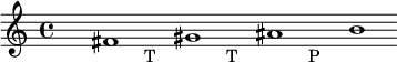 
\relative f'{
s2 \cadenzaOn fis1 s_\markup{T} gis s_\markup{T} ais s_\markup{P} b \cadenzaOff
}
