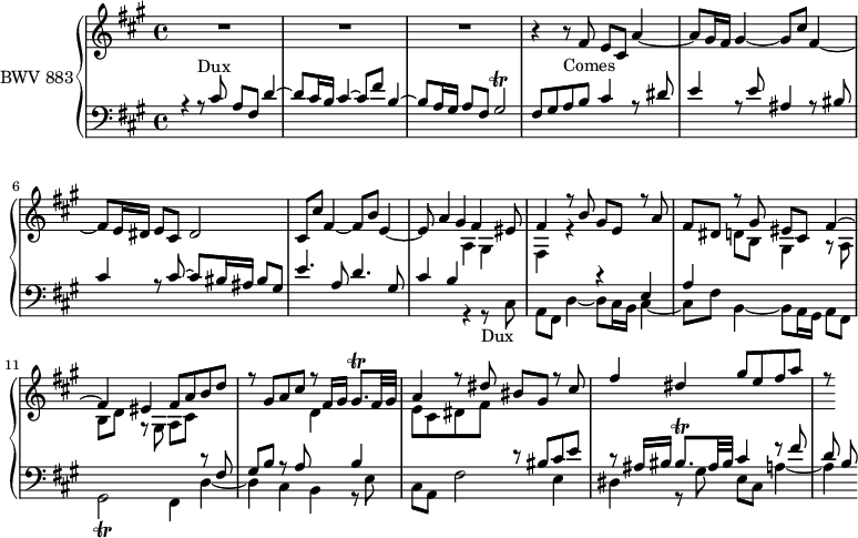 
\version "2.18.2"
\header {
  tagline = ##f
}

Trillg   = { \tag #'print { gis2\trill }
           %% Rendu midi : on joue des petites notes
           \tag #'midi { gis16 a gis32 a gis a gis a gis16~ gis16 fis32 gis } }
Trillgis = { \tag #'print { gis8.\trill } \tag #'midi { a32 gis a16~ a } }
Trillbis = { \tag #'print { bis8.\trill } \tag #'midi { cis32 bis cis16~ cis } }

Dux   = { r4 r8-\markup{Dux}  cis8 a fis d'4~ d8 cis16 b cis4~ cis8 fis b,4~  b8 a16 gis a8 fis \Trillg }
Comes = { r4 r8-\markup{Comes} fis8 e cis a'4~ a8 gis16 fis gis4~ gis8 cis fis,4~ fis8 e16 dis e8 \tag #'print cis \tag #'midi r dis2 }

upper = \relative c' {
  \clef treble 
  \key fis \minor
  \time 4/4
  \tempo 4 = 84
  \set Staff.midiInstrument = #"harpsichord" 

   %% FUGUE CBT II-14, BWV 883, fa-dièse mineur
   R1*3 \Comes 
   << { cis8 cis' fis,4_~ fis8 b e,4_~ e8 a4 gis fis eis8 fis4 r8  b8 gis e r8 a | fis dis r8 gis eis cis fis4~ | fis eis fis8 a b d r8 gis, a cis r8 fis,16 gis \Trillgis fis32 gis a4 r8 dis bis gis r8 cis | fis4 dis gis8 e fis a r8 } \\ { s4*6 \relative c' { a4 gis | fis r4 s4*3 d'8 b gis4 r8 a8 b d r8 gis, a cis s4*3 d4 s4 | e8 cis dis fis } } >>
   
}

lower = \relative c' {
  \clef bass 
  \key fis \minor
  \time 4/4
  \set Staff.midiInstrument = #"harpsichord" 

   << { \Dux fis8 gis a b cis4 r8 dis8 e4 r8 e8 ais,4 r8 bis8 cis4 r8 cis8~ cis bis16 ais bis8 gis | e'4. a,8 d4. gis,8 | cis4 b s4*4 r4 e,4  a s4*6 r8 fis8 gis b r8 a8 s4 b4 s4*2 r8 bis8 cis e | r8 ais,16 bis \Trillbis ais32 bis cis4 r8 fis d b } \\ { s1*7 s2 \relative c { \Dux fis4 d'~ | d cis b r8 e8 | cis a fis'2 e4 | dis r8 gis8 e cis a'4~ a } } >>
   
} 

thePianoStaff = \new PianoStaff <<
  \set PianoStaff.instrumentName = #"BWV 883"
  \new Staff = "upper" \upper
  \new Staff = "lower" \lower
  >>

\score {
  \keepWithTag #'print \thePianoStaff
  \layout {
    \context {
      \Score
      \remove "Metronome_mark_engraver"
      \override SpacingSpanner.common-shortest-duration = #(ly:make-moment 1/2) 
    }
  }
}

\score {
  \keepWithTag #'midi \thePianoStaff
  \midi { }
}
