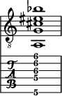  
<<
  %\override Score.BarLine.break-visibility = ##(#f #t #t)
  \time 1/1
    \new Staff  {
    \clef "treble_8"
        \once \override Staff.TimeSignature #'stencil = ##f
        <a,  g cis' eis' bes'>1
    }

     \new TabStaff {
       \override Stem #'transparent = ##t
       \override Beam #'transparent = ##t 
      <a,\6  g\4 cis'\3 f'\2 ais'\1>1
  }
>>
