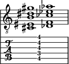  
<<
  %\override Score.BarLine.break-visibility = ##(#f #t #t)
  \time 2/1
    \new Staff  {
    \clef "treble_8"
        \once \override Staff.TimeSignature #'stencil = ##f
        < cis eis b dis' gis'>1 | < des f ces' ees' aes'>1 |
    }

     \new TabStaff {
       \override Stem #'transparent = ##t
       \override Beam #'transparent = ##t 
      s2 < cis\5 f\4 b\3 dis'\2 gis'\1>1 s2
  }
>>
