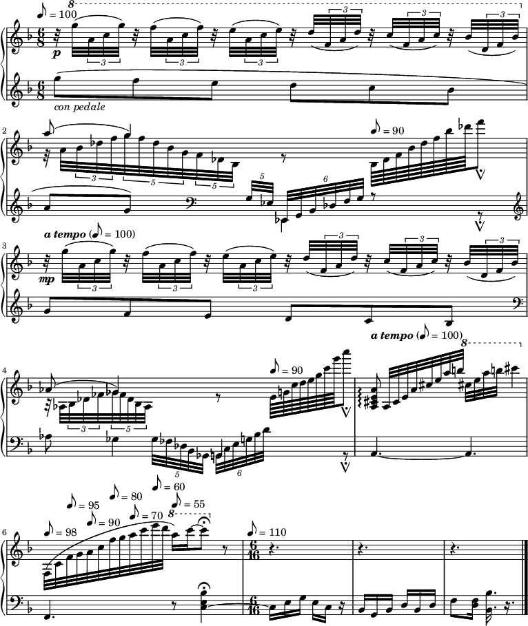 
 \relative c''{
 \new PianoStaff <<
 \new Staff {
 \clef treble
 \key f \major
 \tempo 8 = 100
 \time 6/8
 r32\p \ottava #1 g'' (\tuplet 3/2 { a, c g' }) r f (\tuplet 3/2 { a, c f }) r e (\tuplet 3/2 { a, c e }) r d (\tuplet 3/2 { f, a d }) r c (\tuplet 3/2 { f, a c }) r bes (\tuplet 3/2 { d, f bes })
 \ottava #0 << { a8 (g4) s s8 } \\ { r32 a, \tuplet 3/2 { bes des f } \tuplet 5/4 { g f des bes g } \tuplet 5/4 { f des bes s s } r8 \tempo 8 = 90 bes64 des f bes des f bes des f8\shortfermata } >>
 \tempo \markup { \italic a \italic tempo } 8 = 100 r32\mp g, (\tuplet 3/2 { a, c g' }) r f (\tuplet 3/2 { a, c f }) r e (\tuplet 3/2 { a, c e }) r d (\tuplet 3/2 { f, a d }) r c (\tuplet 3/2 { f, a c }) r bes (\tuplet 3/2 { d, f bes })
 << { aes8 (ges4) s s8 } \\ { r32 aes, \tuplet 3/2 { bes des fes } \tuplet 5/4 { ges fes des bes aes } s8 r \tempo 8 = 90 e'64 g c d e g c g' c8\shortfermata } >>
 \tempo \markup { \italic a \italic tempo } 8 = 100 <a,, e cis a>8\arpeggio \noBeam a,32 cis e a cis e a b \ottava #1 cis e a b cis4 \ottava #0
 \tempo 8 = 98 f,,,,32 (c' \tempo 8 = 95 f g \tempo 8 = 90 a c \tempo 8 = 80 f g \tempo 8 = 70 a c \tempo 8 = 60 e d \tempo 8 = 55 \ottava #1 a'16) c~ c8\fermata \ottava #0 r r4. r r }

 \new Staff {
 \clef treble
 \key f \major
 g,8_\markup \italic "con pedale" (f e d c bes a g)
 \clef bass
 << { \tuplet 5/4 { s32 s s g, ees } \tuplet 6/4 { ees, g bes des f g } r8 } \\ { s ees,4 r8\shortfermata } >>
 \clef treble
 g''8 f e d c bes
 \clef bass
 << {\stemDown aes ges4 \stemNeutral g, s8 } \\ { s4 \tuplet 5/4 { ges'32 fes des bes ges } \tuplet 6/4 { g c e g bes d } s8 r\shortfermata } >>
 a,4.~ a f r8 <bes' e, c~>4\fermata~ \time 6/16 \tempo 8 = 110 c,16 e g e c r bes g bes d bes d f8 <f d>16 <bes bes,>16. r \bar "|."
 } >> } 