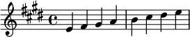 
\transpose c e { %將C調轉為E調，顯示效果與固定調寫法相同
 \relative c' {
 \key c \major 
 c d e f g a b c 
 } 
}
