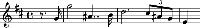 \relative c'' {\key b \minor \time 4/4 
\partial 4 r8. g16
g'2 ais,4.. b16
d2. \times 2/3 {cis8 ais g} e4}