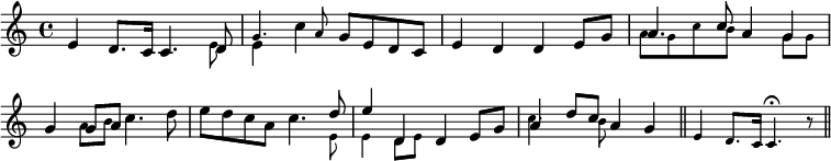 { \time 4/4 \override Score.BarNumber #'break-visibility = #'#(#f #f #f) \relative e' {
  e4 d8. c16 c4. << { d8 } \\ { \tiny e } >> |
  << { \tiny g4. a8 } \\ { \normalsize e4 c' } >> g8 e d c |
  e4 d d e8 g | %end line 1
  << { a4. c8 a4 g | g g8 a } \\
     { \tiny a8 g c b s4 g8 g | s4 a8 b } >> c4. d8 |
  e8 d c a c4. << { d8 | e4 d, } \\ { \tiny e8 | e4 d8 e } >>
    d4 e8 g |
  << { a4 d8 c } \\ { \tiny c4. b8 } >> a4 g \bar "||"
  \tiny e4 d8. c16 c4.\fermata r8 \bar "||" } }