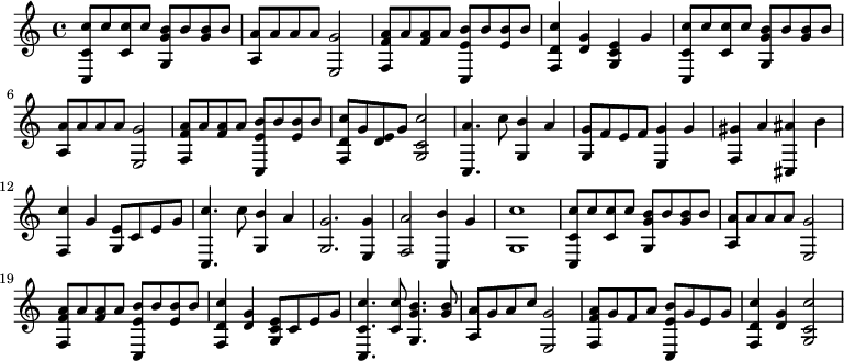 
   \relative c''{<c c, c,>8 c8 <c c,>8 c8 <g b g,>8 b8 <g b>8 b8 <a a,>8 a8 a8 a8 <g e,>2 <a f f,>8 a8 <a f>8 a8 <b e, c,>8 b8 <b e,>8 b8 <c d, f,>4 <g d>4 <e c g>4 g4 <c c, c,>8 c8 <c c,>8 c8 <b g g,>8 b8 <b g>8 b8 <a a,>8 a8 a8 a8 <g e,>2 <a f f,>8 a8 <a f>8 a8 <b e, c,>8 b8 <b e,>8 b8 <c d, f,>8 g8 <e d>8 g8 <c c, g>2 <a c,,>4. c8 <b g,>4 a4 <g g,>8 f8 e8 f8 <g e,>4 g4 <gis f,>4 a4 <ais cis,,>4 b4 <c f,,>4 g4 <e g,>8 c8 e8 g8 <c c,,>4. c8 <b g,>4 a4 <g g,>2. <g e,>4 <a f,>2 <b c,,>4 g4 <c g,>1 <c c, c,>8 c8 <c c,>8 c8 <b g g,>8 b8 <b g>8 b8 <a a,>8 a8 a8 a8 <g e,>2 <a f f,>8 a8 <a f>8 a8 <b e, c,>8 b8 <b e,>8 b8 <c d, f,>4 <g d>4 <e c g>8 c8 e8 g8 <c c, c,>4. <c c,>8 <b g g,>4. <b g>8 <a a,>8 g8 a8 c8 <g e,>2 <a f f,>8 g8 f8 a8 <b e, c,>8 g8 e8 g8 <c d, f,>4 <g d>4 <c c, g>2}
