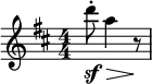 
  \relative c'' { \clef treble \key d \major \numericTimeSignature \time 4/4 \partial 2*1 d'8-.\sf\> a4 r8\! }
