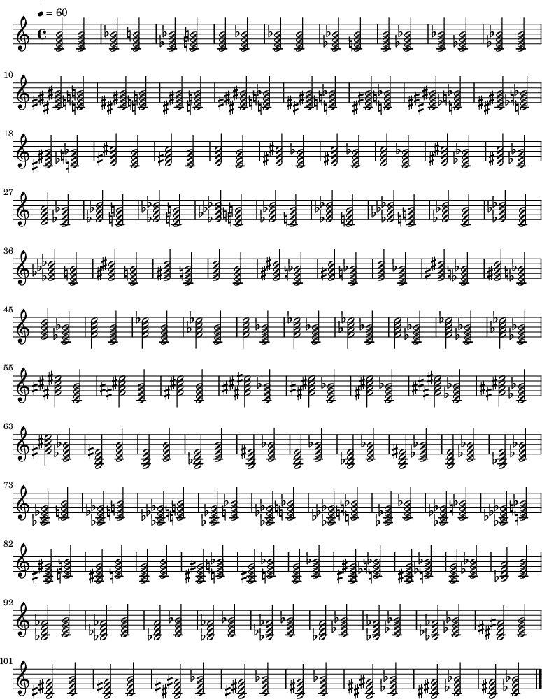 
{
\clef treble
\tempo 4 = 60

\chordmode {

c2:maj7 c:maj7
c:7 c:maj7
c:m7 c:maj7
c:maj7 c:7
c:7 c:7
c:m7 c:7
c:maj7 c:m7
c:7 c:m7
c:m7 c:m7
cis:maj7 c:maj7
cis:7 c:maj7
cis:m7 c:maj7
cis:maj7 c:7
cis:7 c:7
cis:m7 c:7
cis:maj7 c:m7
cis:7 c:m7
cis:m7 c:m7
d:maj7 c:maj7
d:7 c:maj7
d:m7 c:maj7
d:maj7 c:7
d:7 c:7
d:m7 c:7
d:maj7 c:m7
d:7 c:m7
d:m7 c:m7
ees:maj7 c:maj7
ees:7 c:maj7
ees:m7 c:maj7
ees:maj7 c:7
ees:7 c:7
ees:m7 c:7
ees:maj7 c:m7
ees:7 c:m7
ees:m7 c:m7
e:maj7 c:maj7
e:7 c:maj7
e:m7 c:maj7
e:maj7 c:7
e:7 c:7
e:m7 c:7
e:maj7 c:m7
e:7 c:m7
e:m7 c:m7
f:maj7 c:maj7
f:7 c:maj7
f:m7 c:maj7
f:maj7 c:7
f:7 c:7
f:m7 c:7
f:maj7 c:m7
f:7 c:m7
f:m7 c:m7
fis:maj7 c:maj7
fis:7 c:maj7
fis:m7 c:maj7
fis:maj7 c:7
fis:7 c:7
fis:m7 c:7
fis:maj7 c:m7
fis:7 c:m7
fis:m7 c:m7
g,:maj7 c:maj7
g,:7 c:maj7
g,:m7 c:maj7
g,:maj7 c:7
g,:7 c:7
g,:m7 c:7
g,:maj7 c:m7
g,:7 c:m7
g,:m7 c:m7
aes,:maj7 c:maj7
aes,:7 c:maj7
aes,:m7 c:maj7
aes,:maj7 c:7
aes,:7 c:7
aes,:m7 c:7
aes,:maj7 c:m7
aes,:7 c:m7
aes,:m7 c:m7
a,:maj7 c:maj7
a,:7 c:maj7
a,:m7 c:maj7
a,:maj7 c:7
a,:7 c:7
a,:m7 c:7
a,:maj7 c:m7
a,:7 c:m7
a,:m7 c:m7
bes,:maj7 c:maj7
bes,:7 c:maj7
bes,:m7 c:maj7
bes,:maj7 c:7
bes,:7 c:7
bes,:m7 c:7
bes,:maj7 c:m7
bes,:7 c:m7
bes,:m7 c:m7
b,:maj7 c:maj7
b,:7 c:maj7
b,:m7 c:maj7
b,:maj7 c:7
b,:7 c:7
b,:m7 c:7
b,:maj7 c:m7
b,:7 c:m7
b,:m7 c:m7
}

\bar "|."
}
