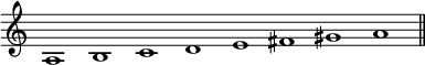 { \override Score.TimeSignature #'stencil = ##f \relative a { \cadenzaOn a1 b c d e fis gis a \bar "||" } }