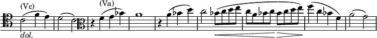 
\relative c' {
 \new Staff \with { \remove "Time_signature_engraver" } { \key c \major \time 4/4 \set Score.tempoHideNote = ##t \tempo "" 4=100
  \clef tenor c2^\markup (Vc) _\markup \italic dol. ( f4 e) d2( c) \clef alto r4 f^\markup (Va) ( g bes) a1
  r4 a( bes d) c2 bes8\<( c d e c a bes c\! bes\> c d e\! ) f4( c bes f) a2( g)
 }
}
