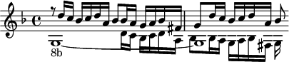 
\version "2.18.2"
\header {
  tagline = ##f
  % composer = "Johann Pachelbel"
  % opus = "Toccata en sol mineur (no. 4), P.468"
  % meter = ""
}

\score {
<<
  \relative c'' {
   %  \clef bass
    \key f \major
    \time 4/4
    \override TupletBracket #'bracket-visibility = ##f 

     %s8*0^\markup{Aria}
     << { r8 d16 c bes c d a bes8 bes16 a g a bes fis | g8 d'16 c bes c d a bes8 } 
     \\ { g,1~-\markup{8b}  | g1*1/2 } 
     \\ { \stemDown s2 s8 d'16 c bes c d a | bes8 bes16 a g a bes fis g } >>

  }
>>
  \layout {
     #(layout-set-staff-size 17)
     \context { \Score \remove "Metronome_mark_engraver" 
     \override SpacingSpanner.common-shortest-duration = #(ly:make-moment 1/2)
     }
  }
}
