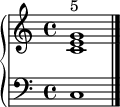 \new GrandStaff <<
     \new Staff \relative c' {
       <c e g>1^"5"
       \bar "|."
     }
     \new Staff \relative c {
       \clef bass
       c
     }
   >>