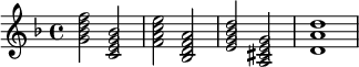  {\tempo 4 = 80
\set Score.tempoHideNote = ##t 
{\key d \minor
\chordmode {g2:m7 c:7 f:maj7 bes,:maj7 e:m7.5- a,:7 d1:m5.8}
}}