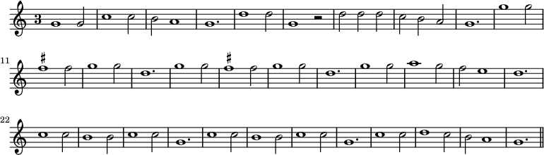 { \override Staff.TimeSignature #'style = #'single-digit \time 3/2 \relative g' { \set suggestAccidentals = ##t g1 g2 | c1 c2 | b a1 | g1. | d'1 d2 | g,1 r2 | d' d d | c b a | g1. |\repeat unfold 2 { g'1 g2 | fis1 fis2 | g1 g2 | d1. | } g1 g2 | a1 g2 | f2 e1 | d1. | \repeat unfold 2 { c1 c2 | b1 b2 | c1 c2 | g1. | } c1 c2 | d1 c2 | b2 a1 | g1. \bar "||" } }