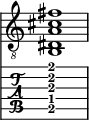  
<<
  %\override Score.BarLine.break-visibility = ##(#f #t #t)
  \time 1/1
    \new Staff  {
    \clef "treble_8"
        \once \override Staff.TimeSignature #'stencil = ##f
        < b, dis a cis' fis'>1
    }

     \new TabStaff {
       \override Stem #'transparent = ##t
       \override Beam #'transparent = ##t 
      < b,\5 dis\4 a\3 cis'\2 fis'\1>1
  }
>>
