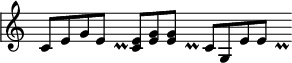 {
\override Staff.TimeSignature #'stencil = ##f
\override Score.SystemStartBar #'collapse-height = #1
\clef treble \time 16/4 c'8[ e' g' e'] s16 s2_\prall s8 s8 <c' e'>8[ <e' g'>8  <e' g'>8] s16  s2_\prall s4 s8 c'8[ g  e' e'] s16 s2_\prall s8
}