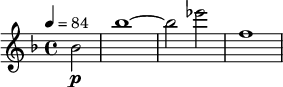 
\new Staff <<
\relative c'' {
\set Staff.midiInstrument = #"violin"
\clef treble
\key d \minor
\time 4/4
\tempo 4 = 84
\partial 2 bes2(_\p) bes'1~ bes2 es f,1
}
>>
