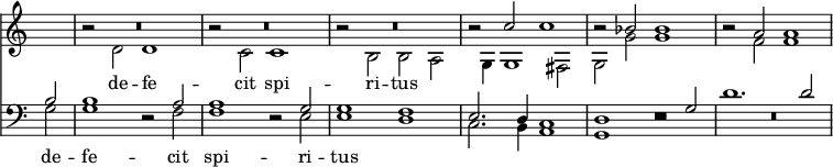 << \override Score.TimeSignature #'stencil = ##f \time 4/2 \new Staff << \new Voice { \partial 2 \relative c'' { \stemUp s2 R\breve*3 | r2 c c1 | r2 bes bes1 | r2 a a1 } }
\new Voice = "alto" { \relative d' { \stemDown s2 r2 d d1 | r2 c c1 | r2 b b a | s4 g4 g1 fis2 | g g' g1 | r2 f f1 } }
>>
\new Lyrics \lyricsto "alto" { de -- fe -- cit spi -- ri -- tus }
\new Staff << \clef bass \new Voice { \stemUp b2 b1 r2 a | a1 r2 g | g1 f | e2. d4 c1 | d r2 g | d'1. d'2 }
\new Voice = "bass" { \stemDown g2 | g1 r2 f | f1 r2 e | e1 d | c2. b,4 a,1 | g, r | R\breve }
>>
\new Lyrics \lyricsto "bass" { de -- fe -- cit spi -- ri -- tus } >>