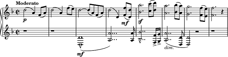 
\relative c'' {
  \new PianoStaff <<
    \new Staff {
      \set Staff.midiInstrument = #"string ensemble 1" \key d \minor \clef treble \time 2/2 \set Score.tempoHideNote = ##t \tempo "Moderato" 4 = 110
      d2 \p ( a4 ) f8 ( a ) |
      d2 ( a4 ) f'8 ( e ) |
      d2 ~ d8 ( a ) f ( a ) |
      d2 ( d,4 ) <f f'>8 \mf ( <d d'>8 ) |
      <bes' bes'>2. \sf <c c'>8 ( <d d'>8 ) |
      <a a'>2. <bes bes'>8 ( <a a'>8 ) |
      <g g'>2. <f f'>8 ( <e e'>8 ) |
      <f f'>2. r4
    } |
    \new Staff {
      \set Staff.midiInstrument = #"french horn" \key d \minor \clef treble
      r1 |
      r1 |
      <d, d'>1 \mf -^ ( |
      <a' a'>2... ) <a a'>16 |
      <bes bes'>2.. -^ <f f'>16 -> <g g'>16 -> |
      <a a'>2.. _\markup { \italic "dim." } ( <d, d'>8 |
      <d d'>2 ) r2 |
      r1 |
    }
  >>
}
