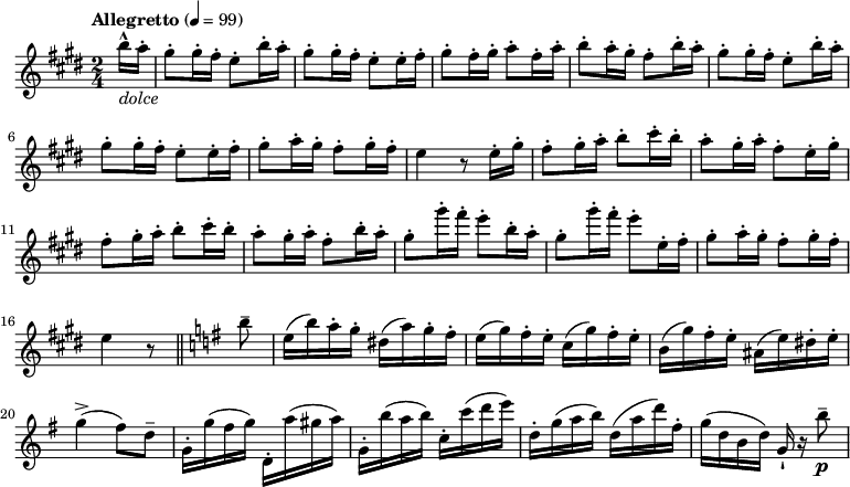 
{ \relative c'' {
 \clef treble
 \key e \major
 \tempo "Allegretto" 4 = 99
 \time 2/4
 \set Staff.midiInstrument = "French horn"
 \partial 8 b'16-^_\markup \italic "dolce" a-. gis8-. gis16-. fis-. e8-. b'16-. a-. gis8-. gis16-. fis-. e8-. e16-. fis-. gis8-. fis16-. gis-. a8-. fis16-. a-. b8-. a16-. gis-. fis8-.
 b16-. a-. gis8-. gis16-. fis-. e8-. b'16-. a-. gis8-. gis16-. fis-. e8-. e16-. fis-. gis8-. a16-. gis-. fis8-. gis16-. fis-. e4 r8
 e16-. gis-. fis8-. gis16-. a-. b8-. cis16-. b-. a8-. gis16-. a-. fis8-. e16-. gis-. fis8-. gis16-. a-. b8-. cis16-. b-. a8-. gis16-. a-. fis8-.
 b16-. a-. gis8-. gis'16-. fis-. e8-. b16-. a-. gis8-. gis'16-. fis-. e8-. e,16-. fis-. gis8-. a16-. gis-. fis8-. gis16-. fis-. e4 r8 \bar "||" \key g \major
 b'-- e,16 (b') a-. g-. dis (a') g-. fis-. e (g) fis-. e-. c (g') fis-. e-. b (g') fis-. e-. ais, (e') dis-. e-. g4-> (fis8) d-- g,16-. g' (fis g)
 d,-. a'' (gis a) g,-. b' (a b) c,-. c' (d e) d,-. g (a b) d, (a' d) fis,-. g (d b d) g,-! r b'8--\p
 } } 