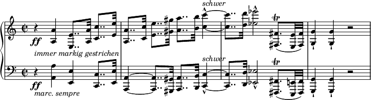 
{ \new PianoStaff <<
\new Staff \relative a { \set Staff.midiInstrument = #"piano" \key a \minor \clef treble \time 2/2 \set Score.tempoHideNote = ##t \tempo 2 = 50
  r4 \ff _\markup{ \italic {immer markig gestrichen} } <a a'>4 <e e'>8.. <a a'>32 <c c'>8.. <e e'>32 | % 2
  <a, a'>8.. <c c'>32 <e e'>8.. <gis gis'>32 <a a'>8.. <b b'>32 <c c'>4 ^\markup{ \italic {schwer} }
  ~ ^^ ~ | % 3
  <c c'>8.. <d d'>32 <es es'>2 ^^ <fis,, fis'>8. ( \trill <e e'>32
  <fis fis'>32 ) | % 4
  <g g'>4 -! <g g'>4 -! r2 }
\new Staff \relative a, {  \key a \minor \clef bass \time 2/2
  r4 \ff _\markup{ \italic {marc. sempre} } <a a'>4 <e e'>4 <c c'>8..
  <e e'>32 | % 2
  <a, a'>4 ~ ~ <a a'>8.. <gis gis'>32 <a a'>8.. <b b'>32 <c c'>4 ^\markup{ \italic {schwer} } ~ _^
  ~ | % 3
  <c c'>8.. <d d'>32 <es es'>2 _^ <fis, fis'>8. \trill ( <e e'>32 <fis fis'>32
  ) | % 4
  <g g'>4 -! <g g'>4 -! r2 }
>> }
